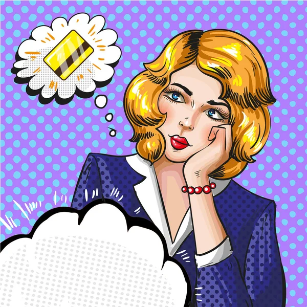 Illustration vectorielle pop art de la femme pensant à la carte de crédit — Image vectorielle