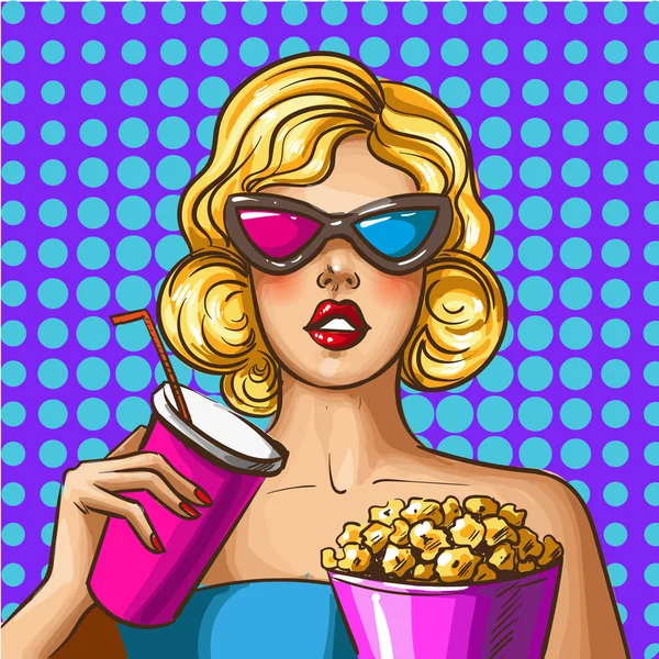Ilustración de arte pop vectorial de hermosa dama en gafas 3d — Vector de stock