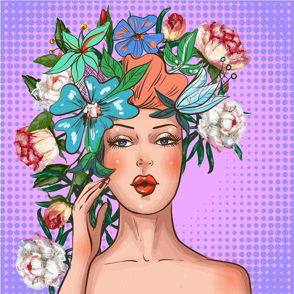 Vector pop art girl con corona de flores en la cabeza — Vector de stock