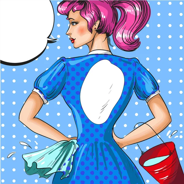 Vector vintage arte pop ilustración de la mujer de limpieza — Vector de stock