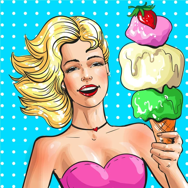 Vector pop art illustration of beautiful girl with ice cream — Stock Vector