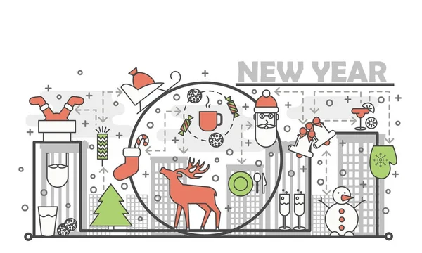 Tatil Noel ve yeni yıl kavramı hat afiş. Vektör çizim doğrusal tarzı tasarım. Oyuncak ve hediye elemanları ile grafik simgeleri. — Stok Vektör