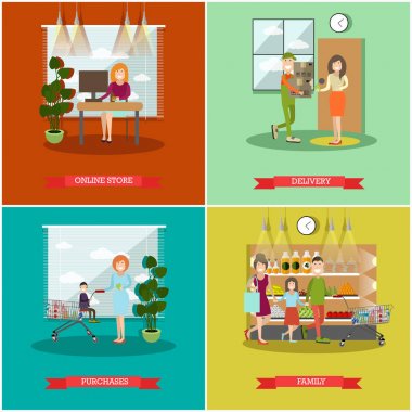 Satınalmalar kavramı poster, afiş düz Stil kümesi vektör