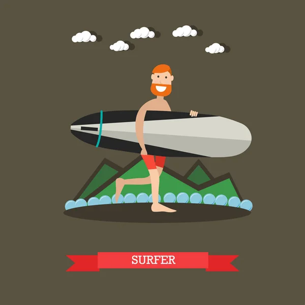 Surfer mit Surfbrettvektorillustration im flachen Stil — Stockvektor