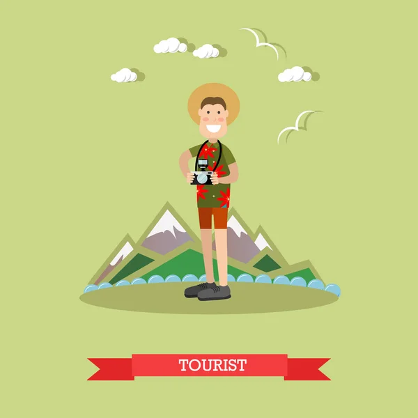 Turista con ilustración vectorial de cámara en estilo plano — Vector de stock