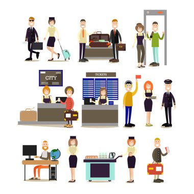 Havaalanı insanlar düz Icon set vektör