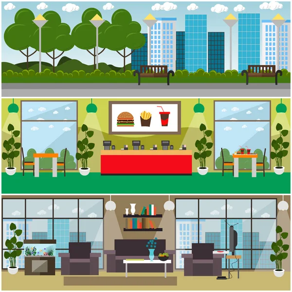 Conjunto vectorial de afiches planos interiores de comida rápida, pancartas — Vector de stock