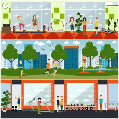 Vektör set spor salonu düz poster, afiş