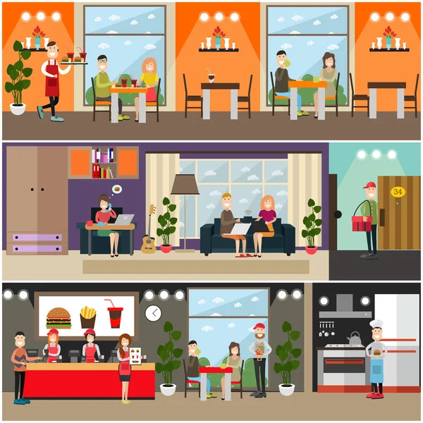 Ensemble vectoriel de posters plats fast food, bannières — Image vectorielle