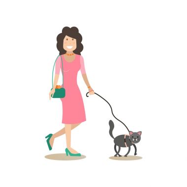 Kedi sahibi erkek onu evde beslenen hayvan vektör düz çizim ile