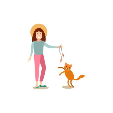 Kedi sahibi erkek onu evde beslenen hayvan vektör düz çizim ile