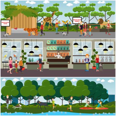 Vektör kümesi evcil hayvan ve hayvanat bahçesi hayvanlar düz posterler, afişler