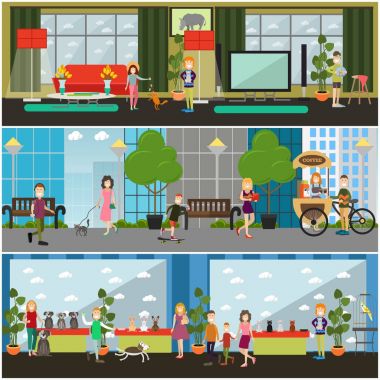 Vektör kümesi evcil hayvan düz poster, afiş