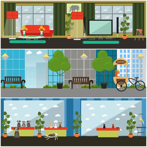 Vektör kümesi evcil hayvan iç düz poster, afiş
