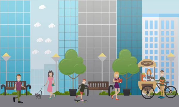 Caminar con mascotas en la calle vector ilustración plana — Vector de stock