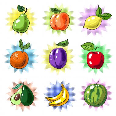 Vektör vintage pop sanat meyve yama ya da etiket kümesi
