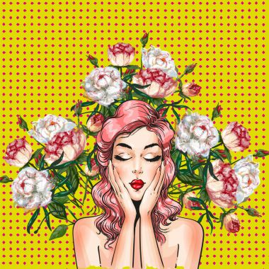 Vektör pop sanat pin-up kızı Şakayık çiçekleri ile