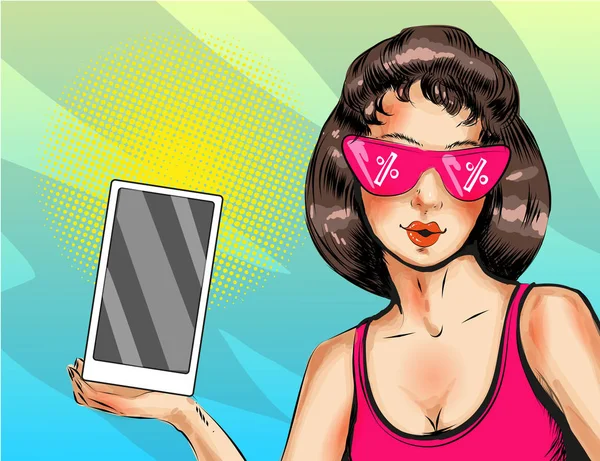 Ilustrasi seni pop vektor dari wanita dengan tablet digital - Stok Vektor