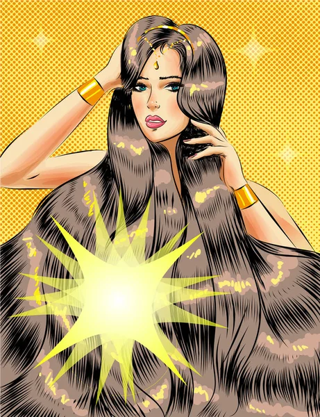 Pop-art vektor gyönyörű lány hosszú, fényes haj — Stock Vector