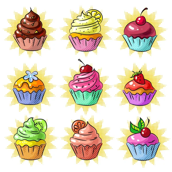 Vektor Pop Art leckerer Cupcake Patch oder Aufkleber Set — Stockvektor