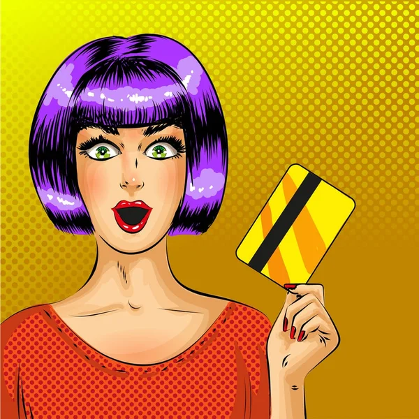 Vector pop art surprised woman with credit card — Stock Vector