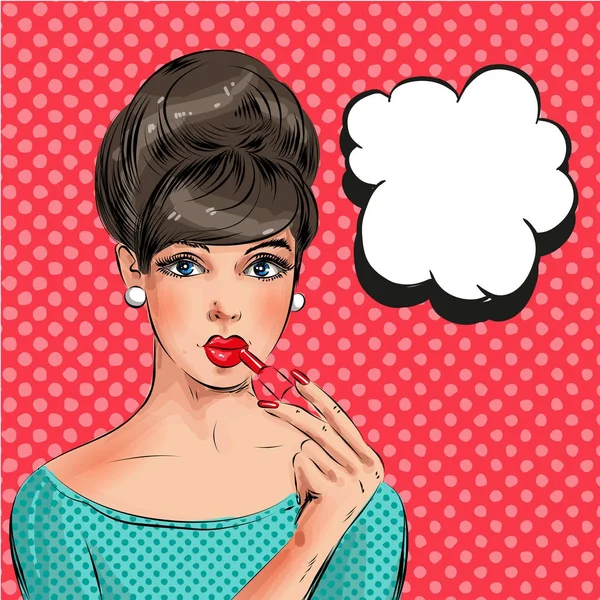 Vector pop arte ilustração de mulher pintando seus lábios —  Vetores de Stock
