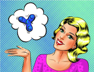 Vektör pop sanat güzel genç kadın gösteren topluca spinner oyuncak