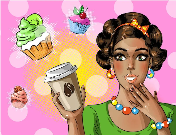 Vector arte pop mujer afroamericana sosteniendo café para llevar — Vector de stock