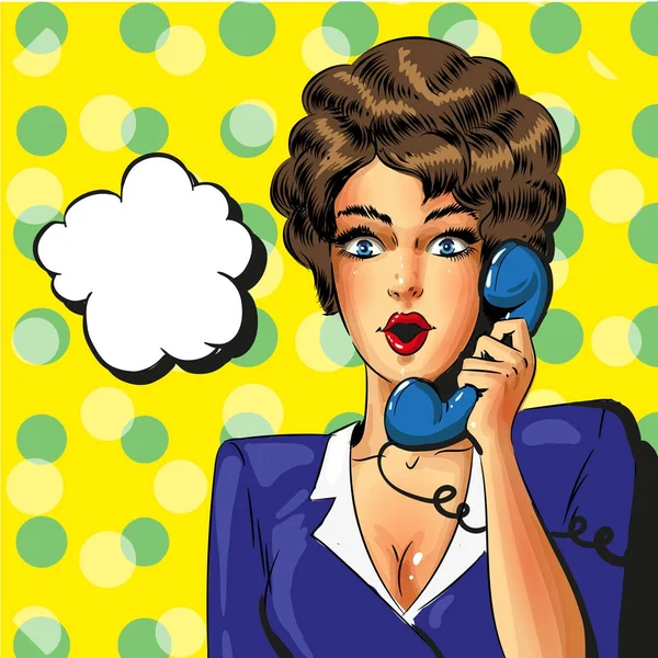 Vector pop arte vintage mulher de negócios falando no telefone — Vetor de Stock