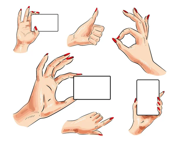 Vektorové ženské ruky s kartou a rukou gesto sady ikon — Stockový vektor