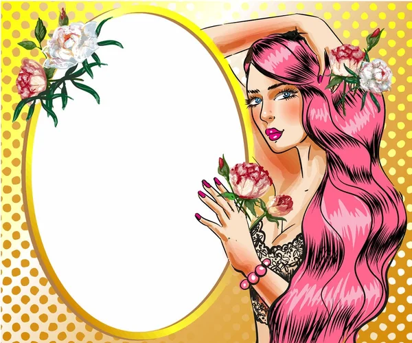 Vecteur pop art femme avec illustration vectorielle cheveux roses — Image vectorielle