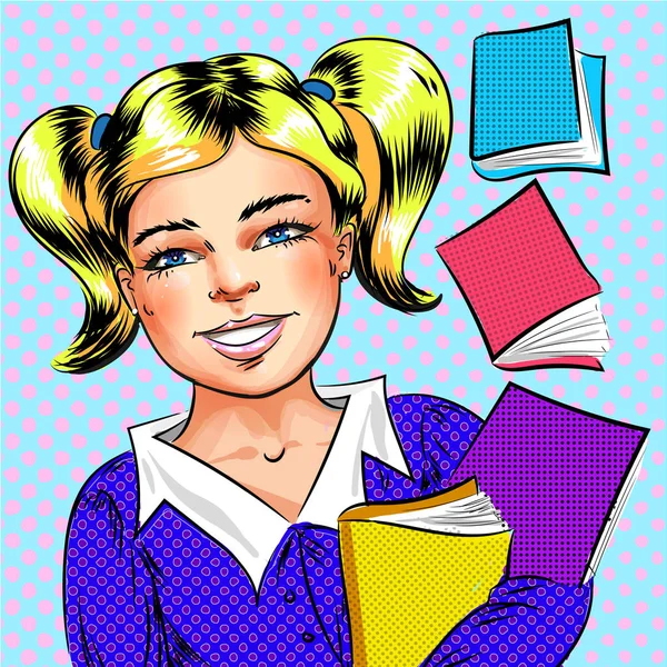 Vettoriale pop art felice scuola ragazza in possesso di libri — Vettoriale Stock