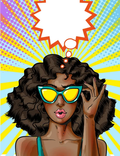 Vektor Pop Art afrikanisch-amerikanische Frau mit gelber Sonnenbrille — Stockvektor