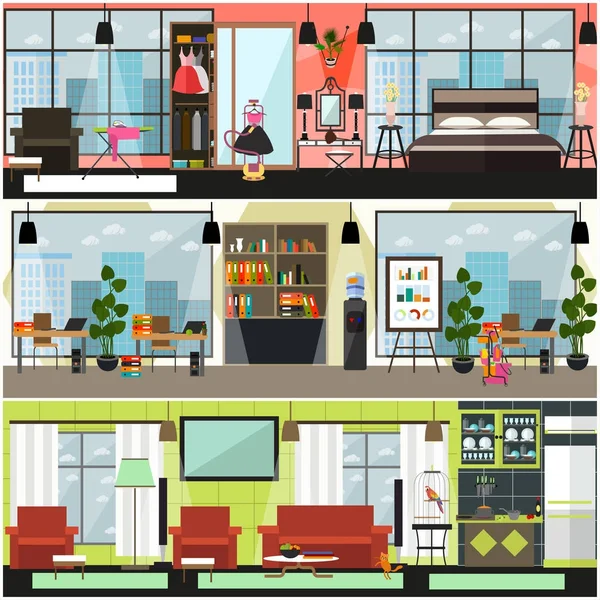 Cartel interior de limpieza de hogar y oficina vectorial, conjunto de pancartas — Vector de stock