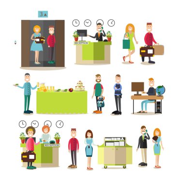 Hotel workers and guests vector illustration in flat style clipart
