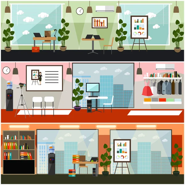 Office interior vector flat poster set — Stock Vector