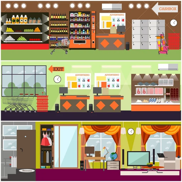 Kruidenier en supermarkt, supermarkt, home interieur vector vlakke poster set — Stockvector