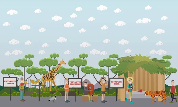 Turistas visitando zoológico vector ilustración en estilo plano — Vector de stock