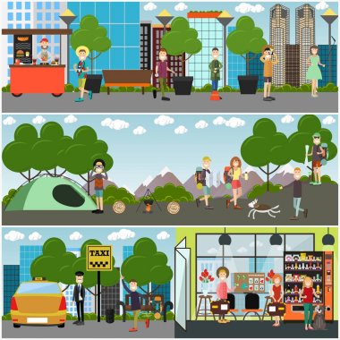 Vektör turist kavramı poster, afiş kümesi