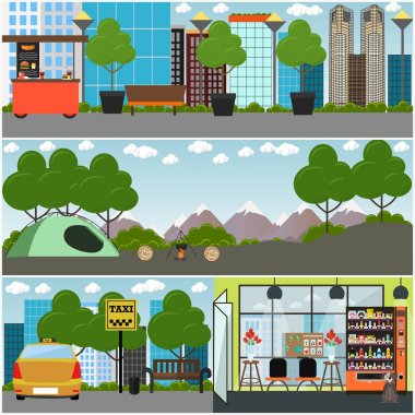 Vektör turist iç kavramı poster, afiş kümesi