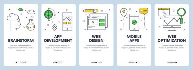 Vektör çağdaş ince çizgi web geliştirme kavramı afiş set
