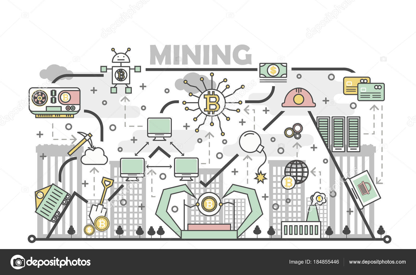 Bitcoin Mining Concept Vector Illustration In Flat Linear Style - 