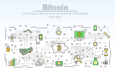 Vektör çağdaş ince çizgi düz tasarım çizim reklam Bitcoin
