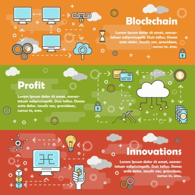 Blockchain vektör çağdaş ince çizgi düz tasarım afiş kümesi