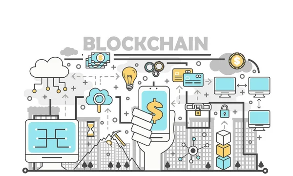 Blockchain technology process concept vector illustration in flat linear style — Stock Vector