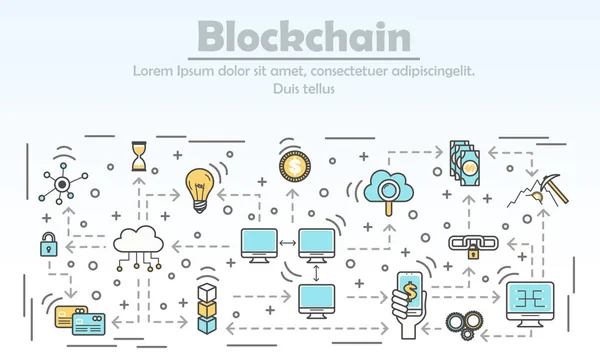 Blockchain tecnologia publicidade vetor ilustração em estilo linear plano — Vetor de Stock