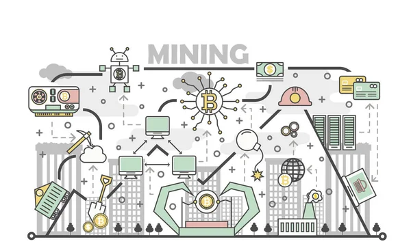 Ilustracja wektorowa koncepcji górnictwa Bitcoin w stylu liniowych płaskich — Wektor stockowy