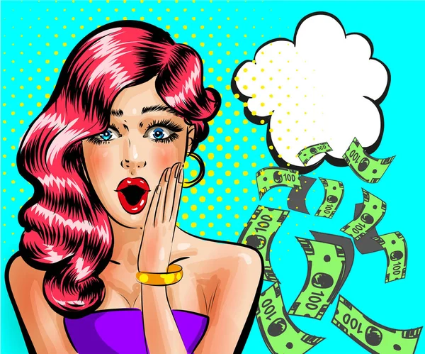 Vektor Pop Art überrascht schöne Pin-up-Mädchen denken über Geld — Stockvektor