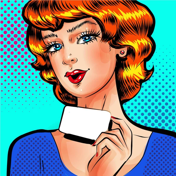 Vector pop art beautiful woman with blank card — Stock Vector