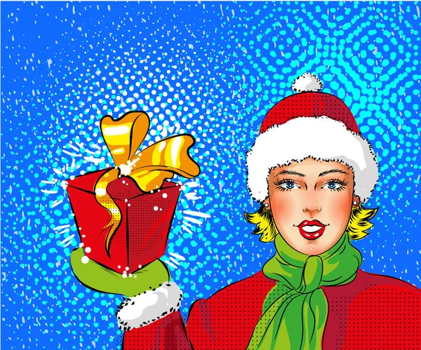 Pop-art dívka v kostýmu Santa držící krabičky vektor — Stockový vektor